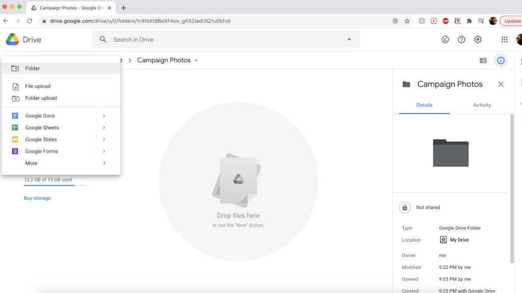 Create shared folder Google Drive request files with google drive