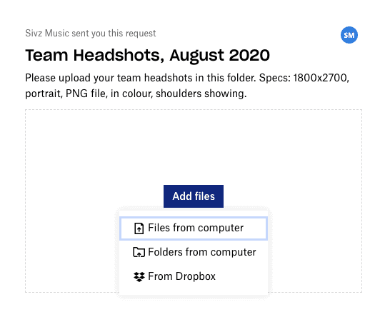 Screenshot showing options for adding files to a Dropbox request Add files to Dropbox file request