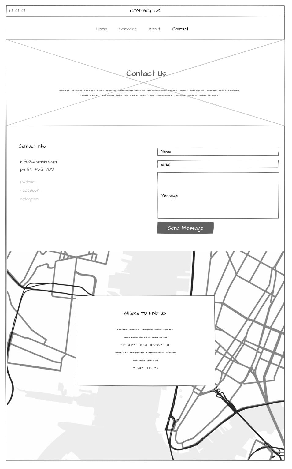 Contact us page website wireframe Contact us page website wireframe