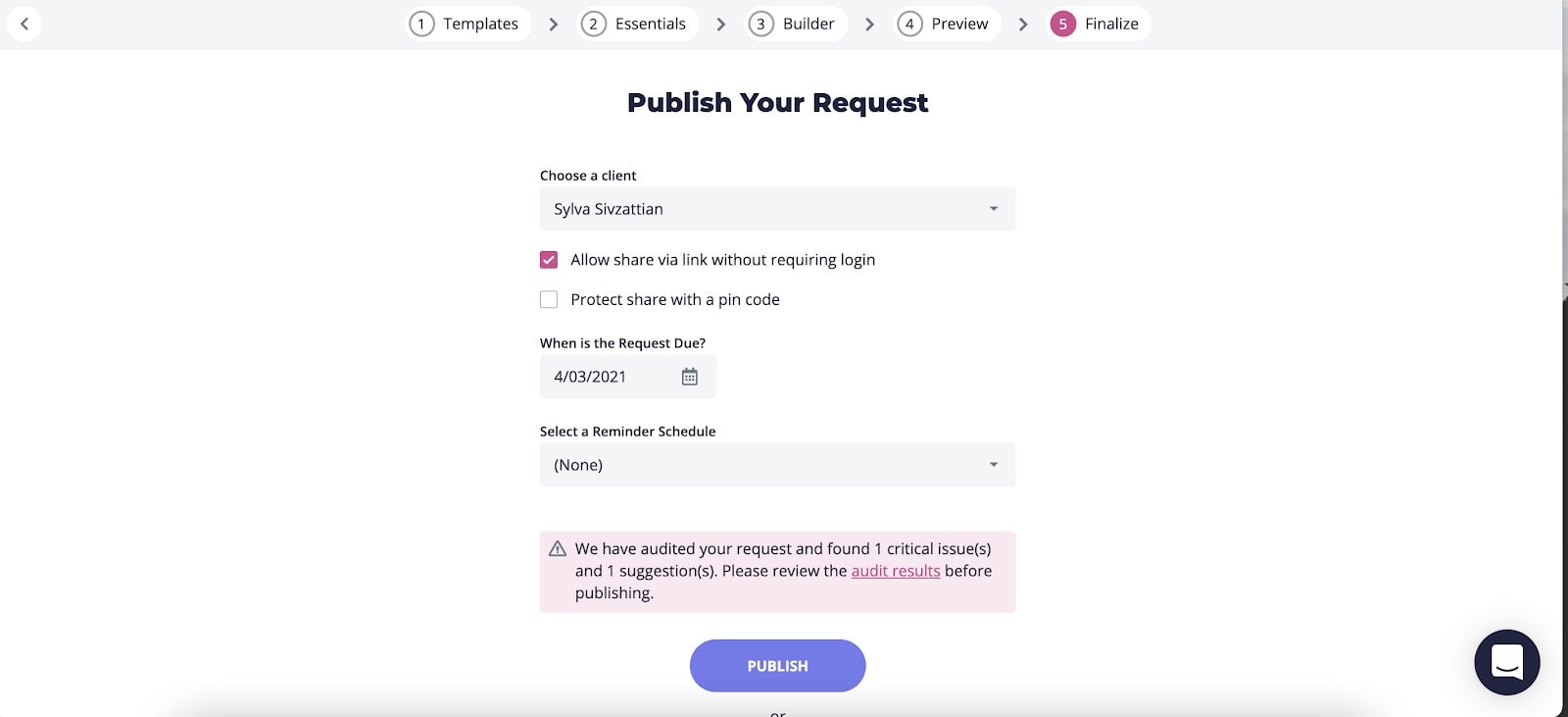 Screenshot of publish request in Content Snare Content Snare publish request