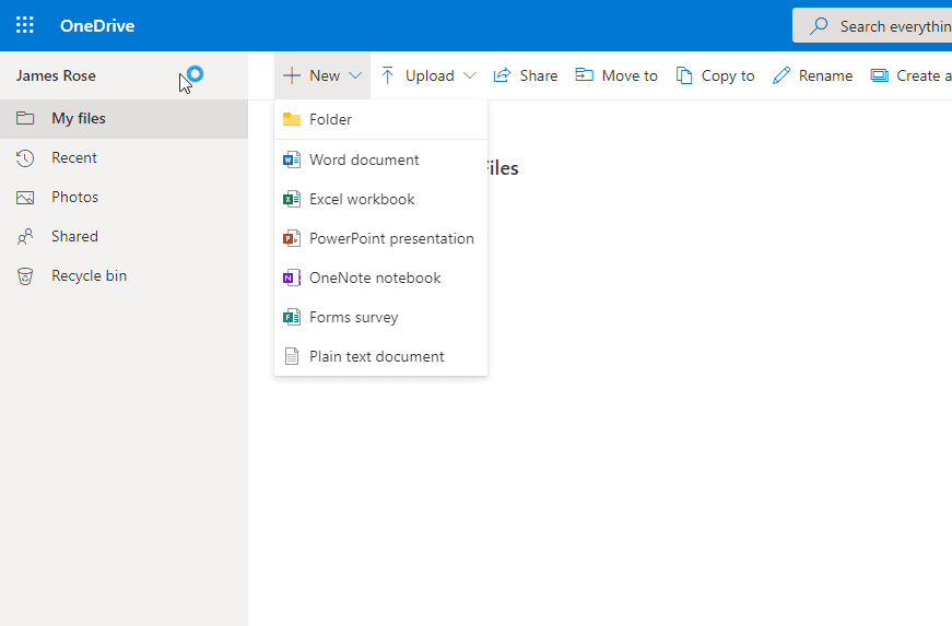 Screenshot of how to create a new folder on OneDrive Create new folder OneDrive