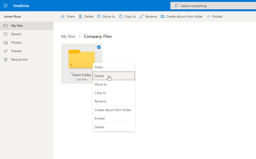 Screenshot of how to delete a folder on OneDrive Delete folder OneDrive