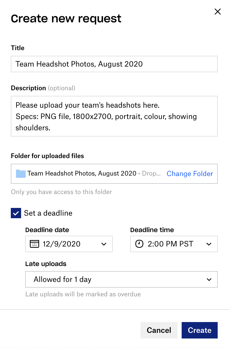 Screenshot of Dropbox create new request window with deadline Dropbox create a new request with deadline