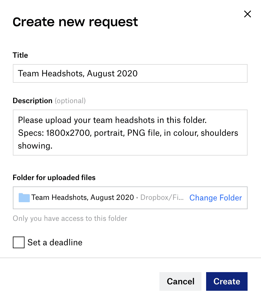 Screenshot of the create new request window on Dropbox Dropbox create new request