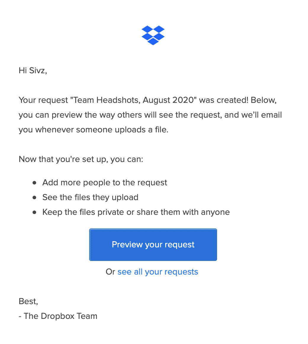 Screenshot of a Dropbox email notification Dropbox email notification request created
