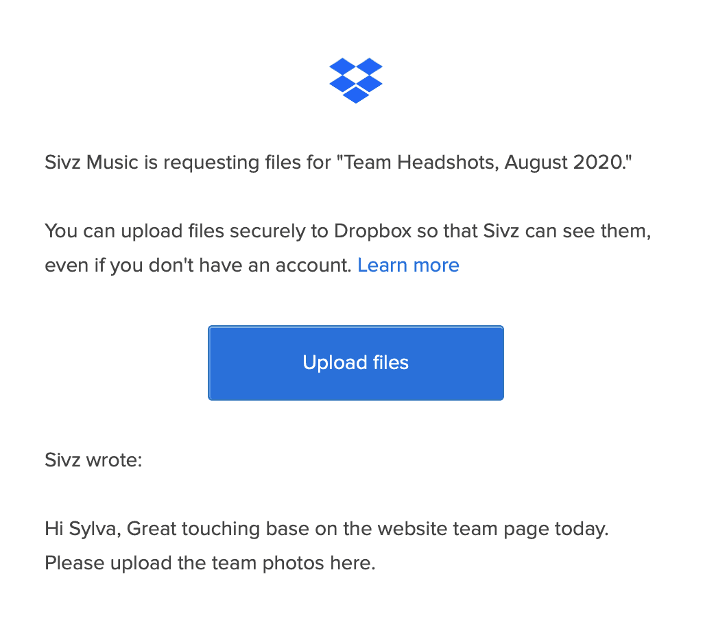 Screenshot of a Dropbox email notification to upload files Dropbox email notification requesting files
