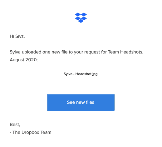 Screenshot of a Dropbox email notification confirming uploads Dropbox email notification see new files