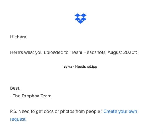 Screenshot of an email notification confirming what was uploaded to Dropbox Dropbox email notification what you uploaded