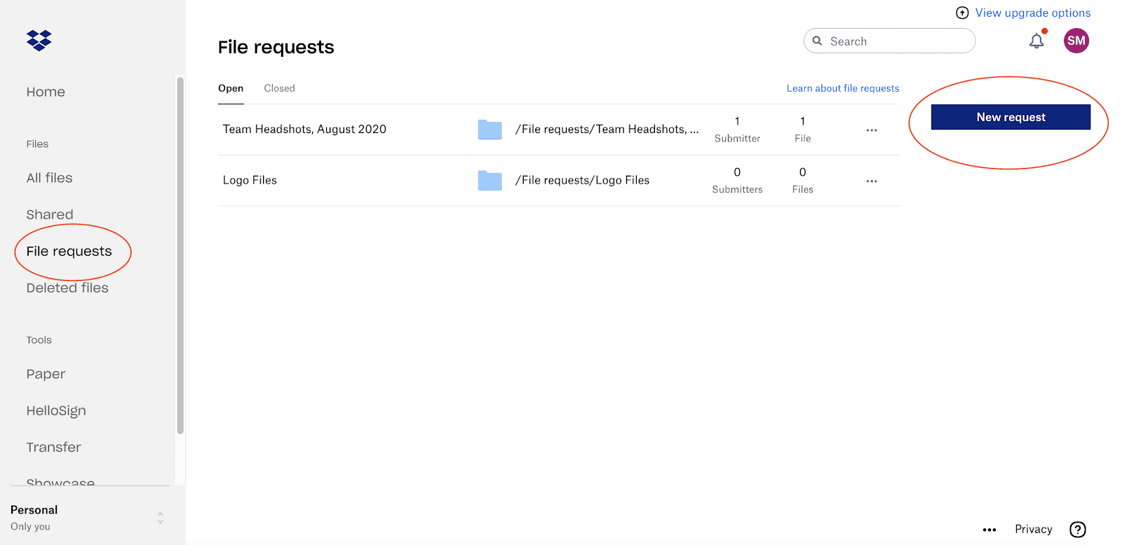 Screenshot of the Dropbox platform home page Dropbox file requests home page