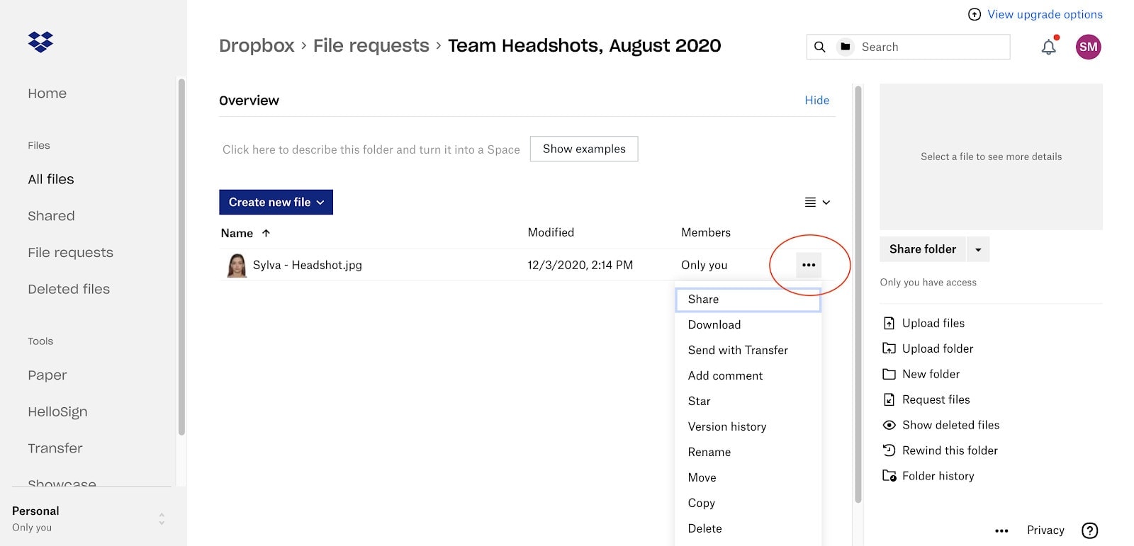 Screenshot of Dropbox actions after receiving a Dropbox upload Dropbox upload actions