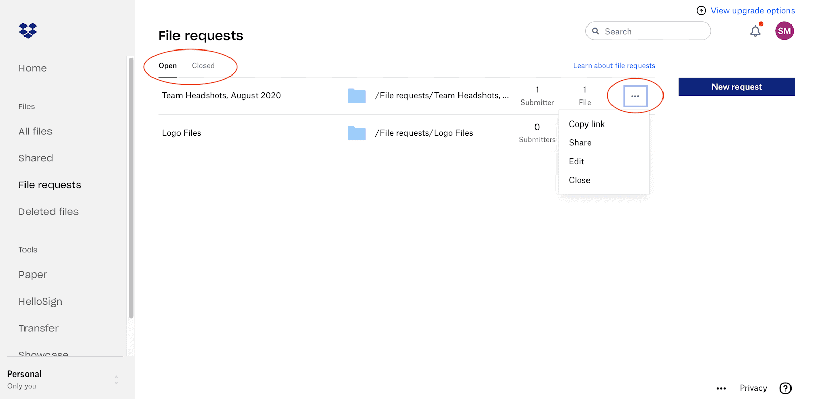 Screenshot showing how to edit Dropbox file requests Edit a Dropbox file request