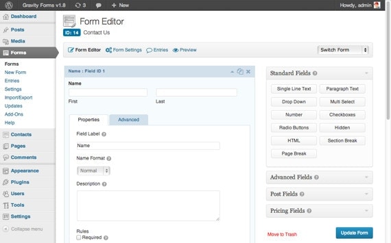 Screenshot of Gravity Forms backend