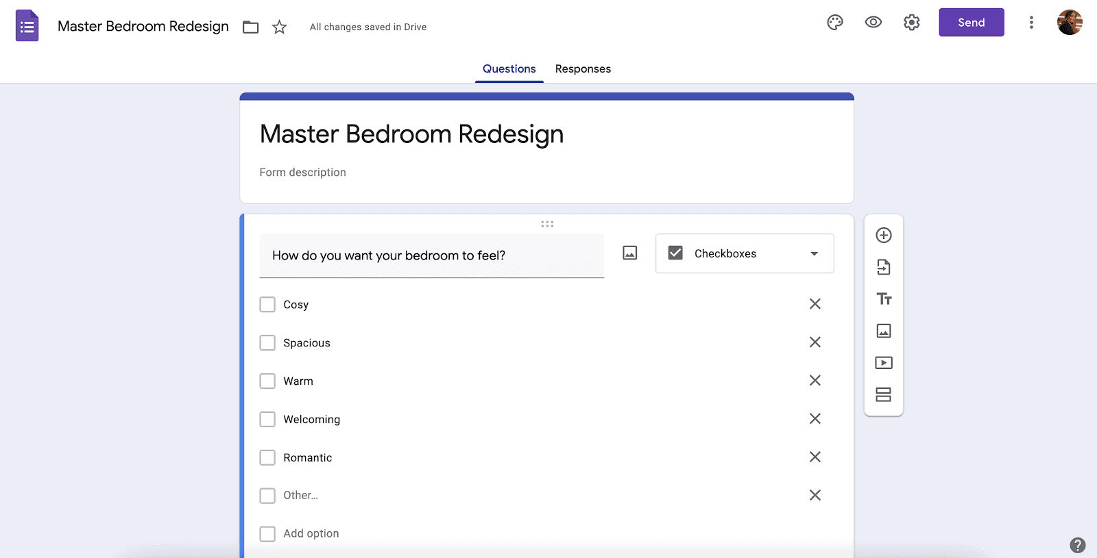 Interior design questionnaire in Google Forms