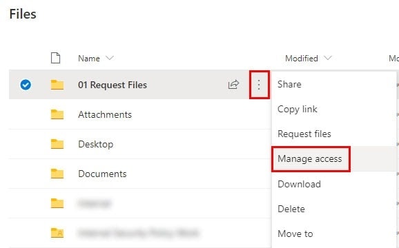 Screenshot of how to manage access on OneDrive folders Manage access OneDrive folder