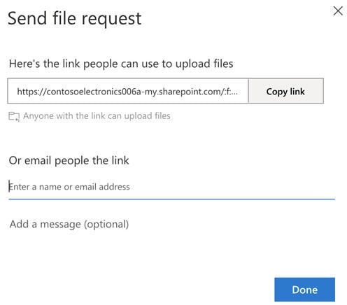 Screenshot of how to send a OneDrive file request OneDrive send file request