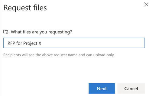 Screenshot of naming a folder to request files on OneDrive Request files OneDrive title