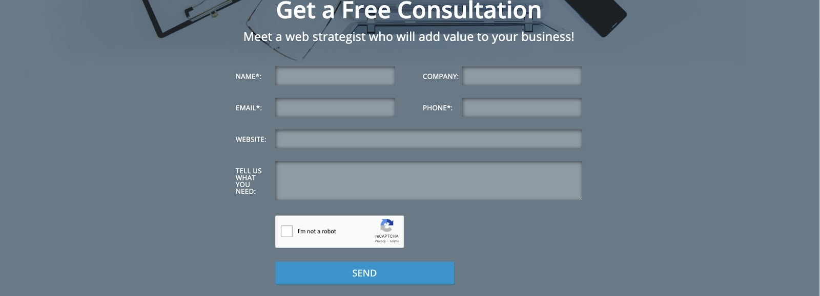 Simple contact form Screen shot of a contact form to book a free web design consultation.