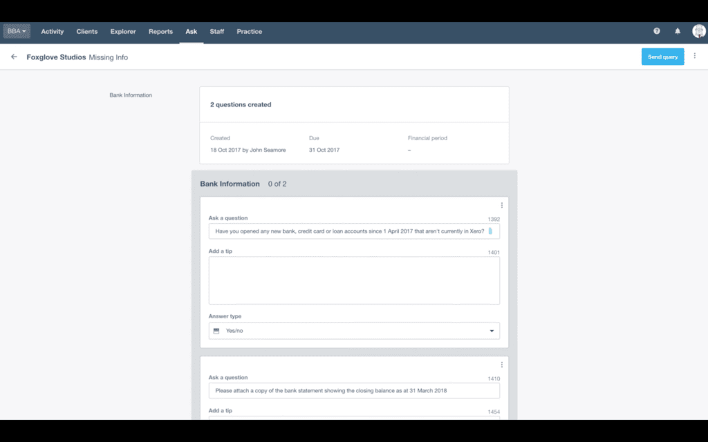 Xero Ask create query questions
