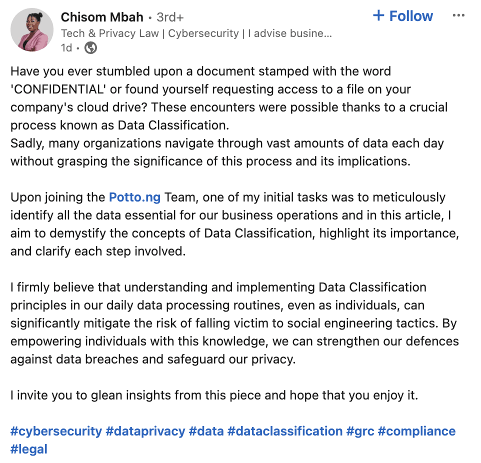 LinkedIn personal post example