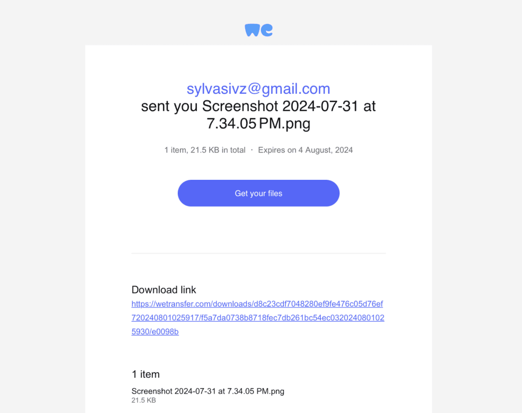 WeTransfer email receipt