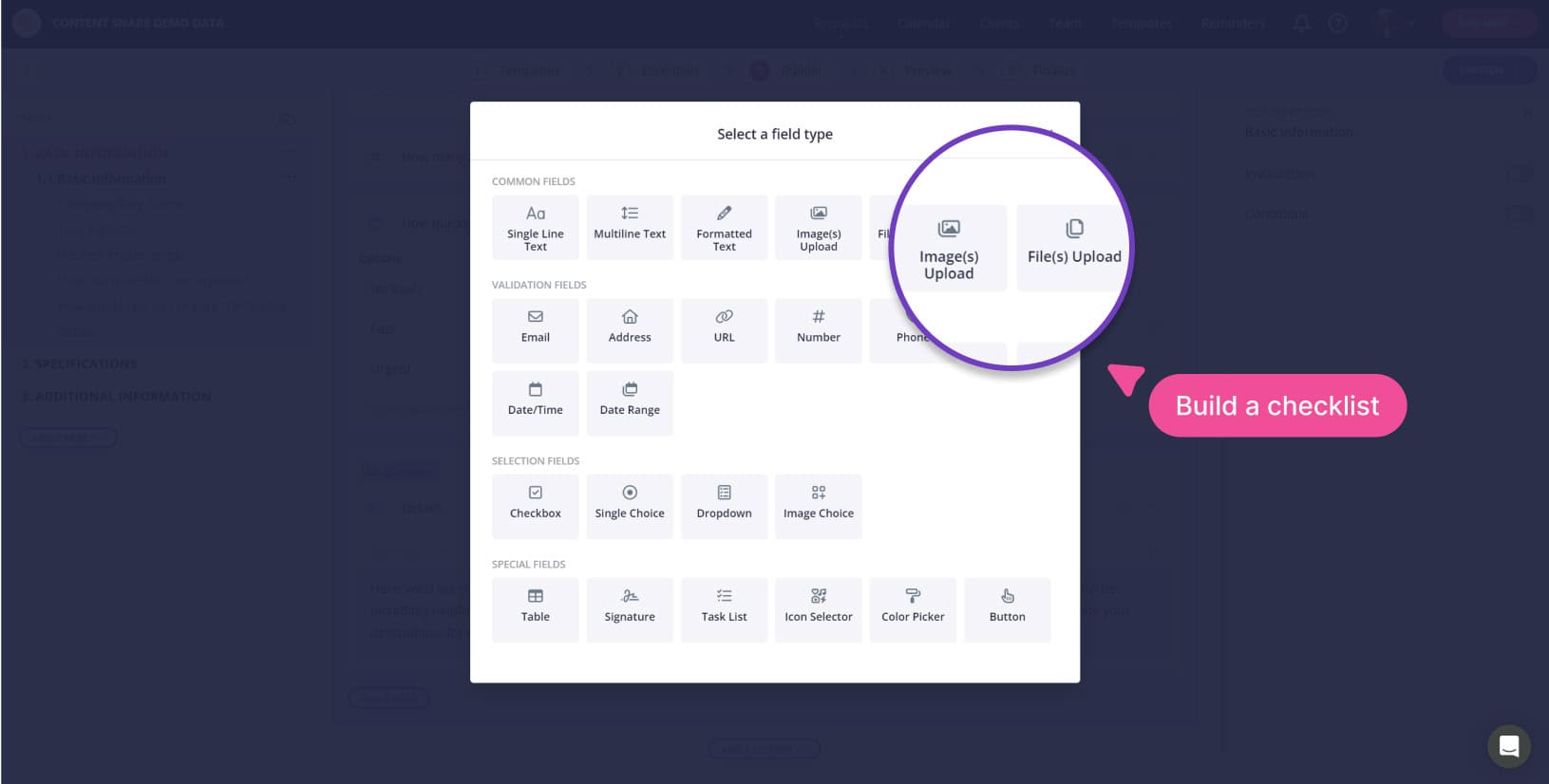 Content Snare request builder with the Select a field type dialog open, showing image and file upload field types