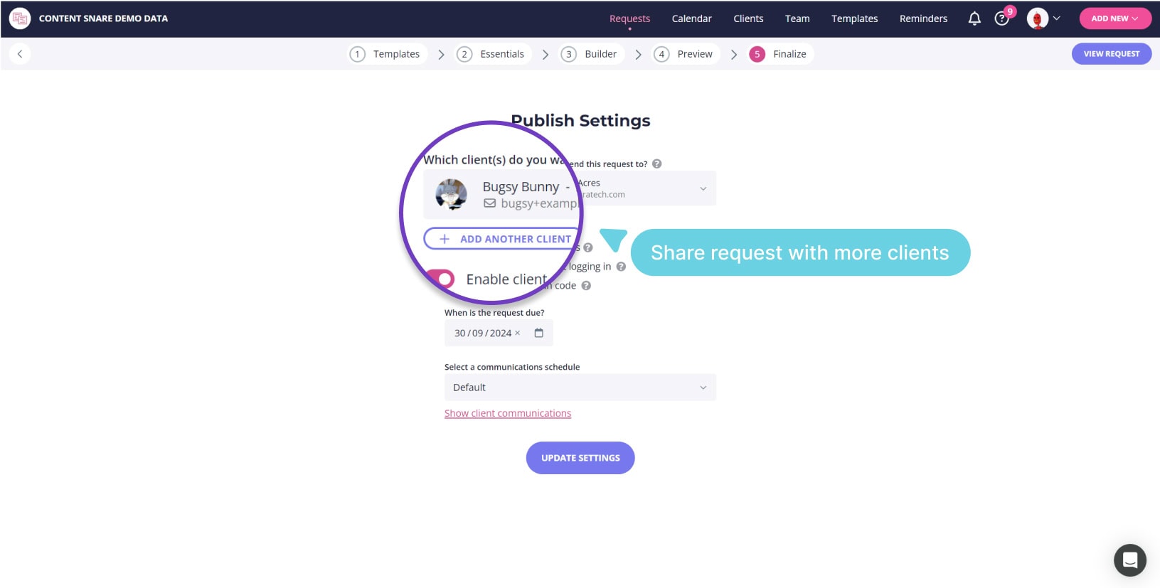 Content Snare publish settings, adding a second client so one request can be shared with more recipients