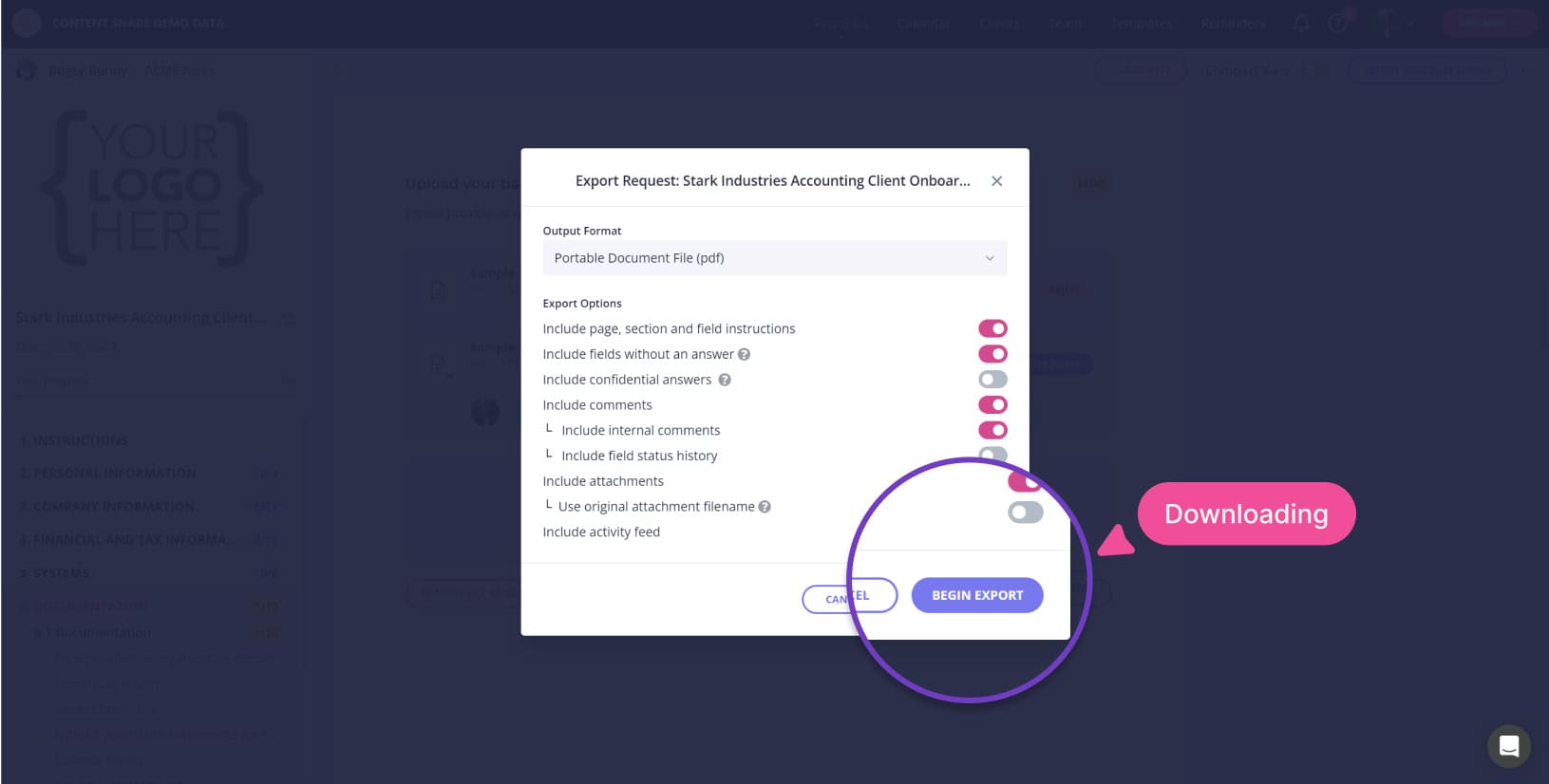 Content Snare export dialog, downloading a completed request as a PDF with options for comments and attachments