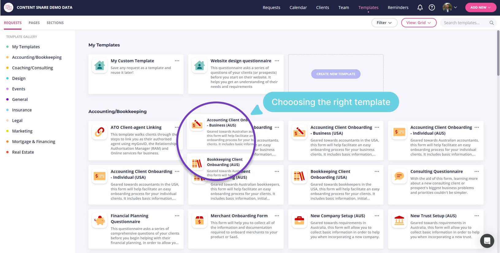 Content Snare template gallery showing accounting and bookkeeping client onboarding templates