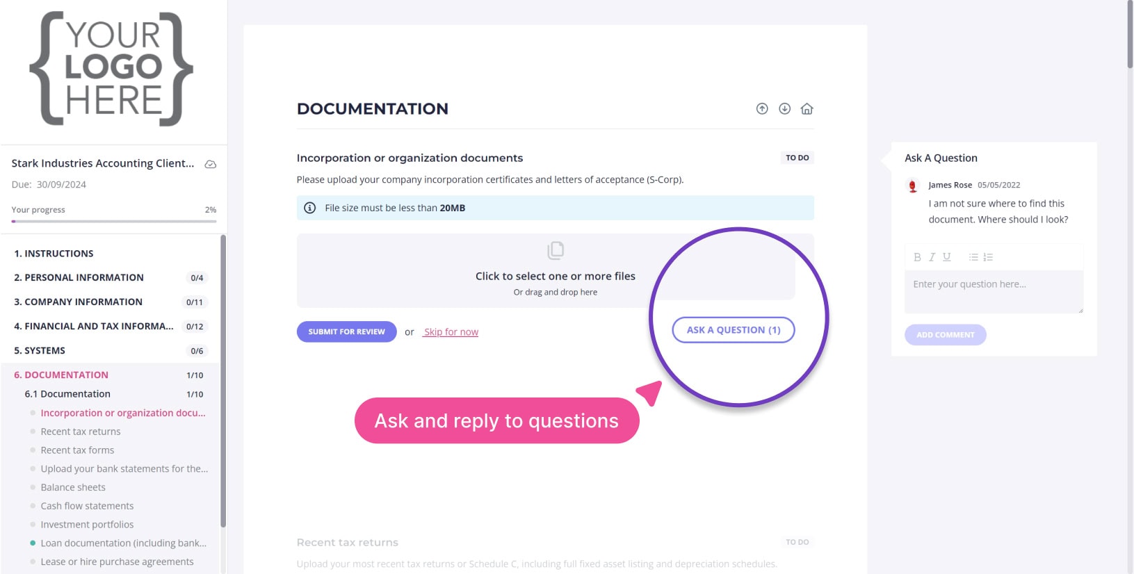 A client asking a question against a document request in the Content Snare portal, with the question thread open alongside
