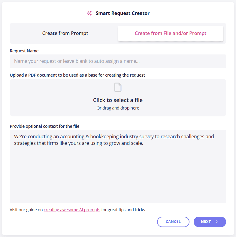 user onboarding process Content Snare smart requests with AI