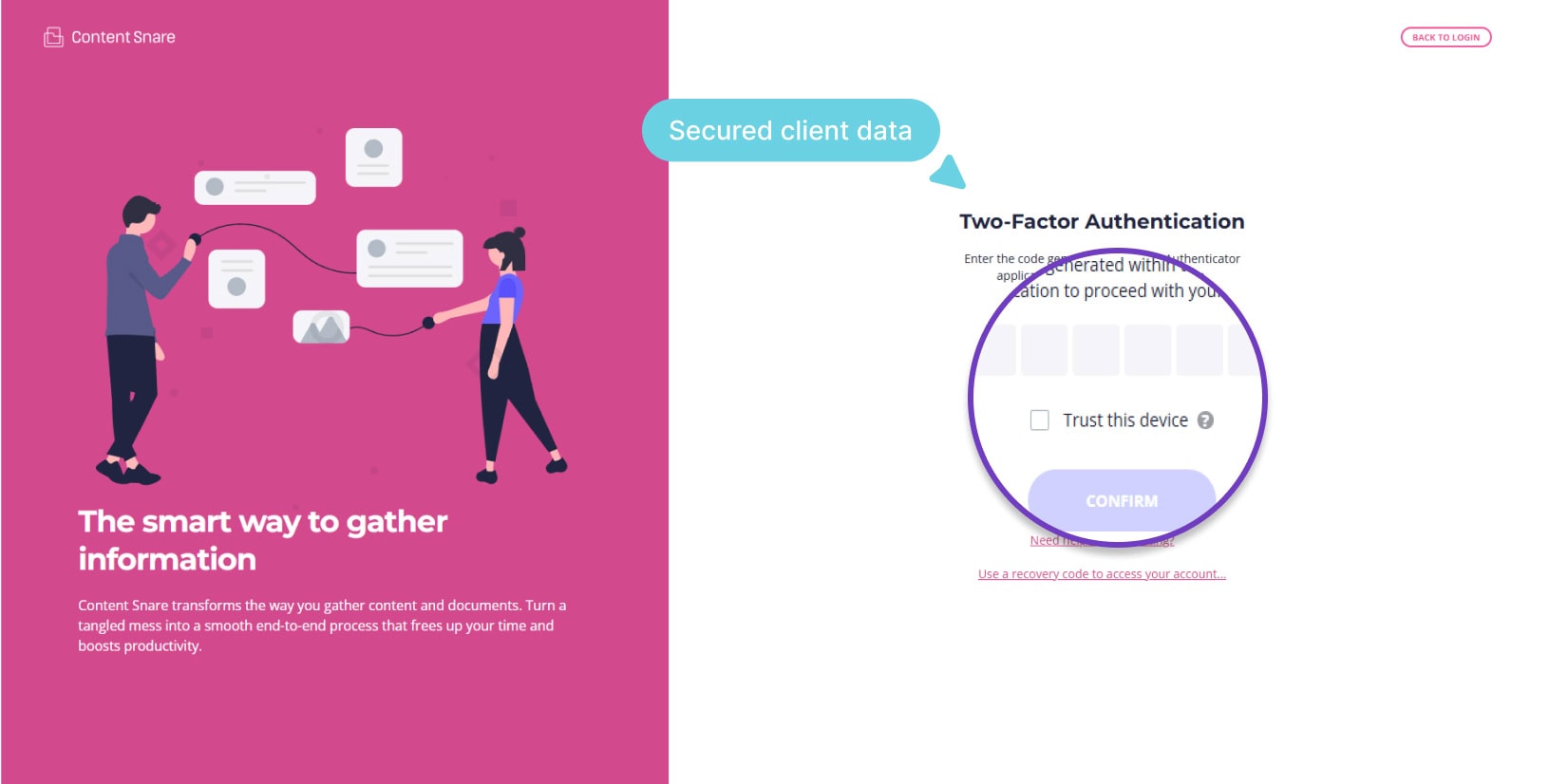 Content Snare two-factor authentication screen, entering a code from an authenticator app to sign in