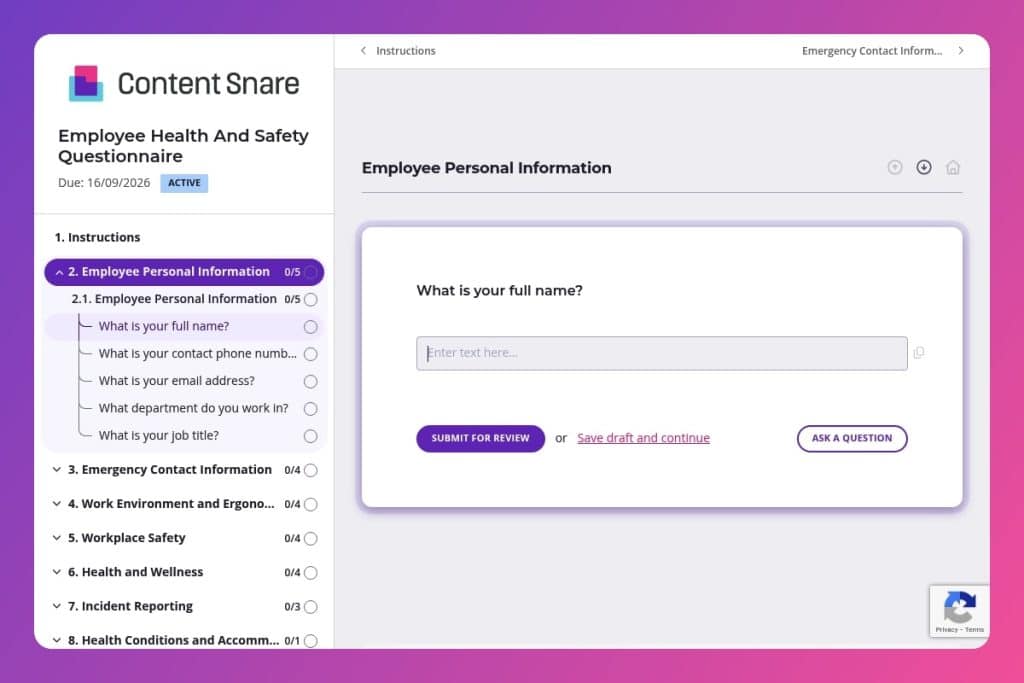 employee health and safety questionnaire