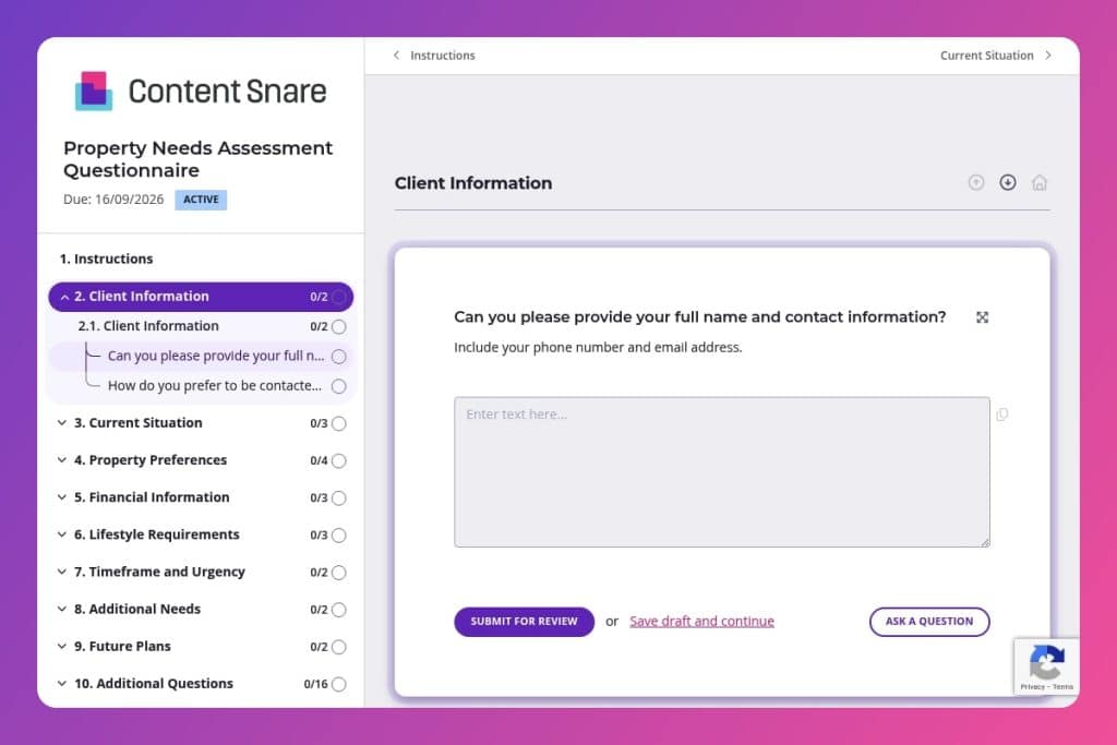 property needs assessment questionnaire