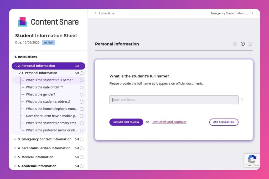 student information sheet