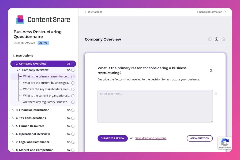 business restructuring questionnaire
