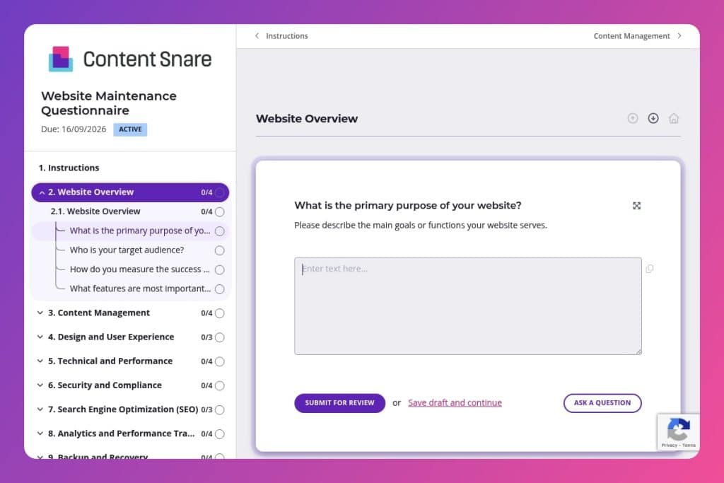 website maintenance questionnaire