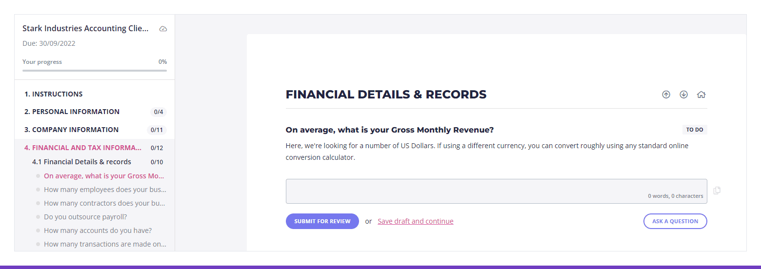 The Content Snare client view: one question at a time, a progress bar, and an ask a question button